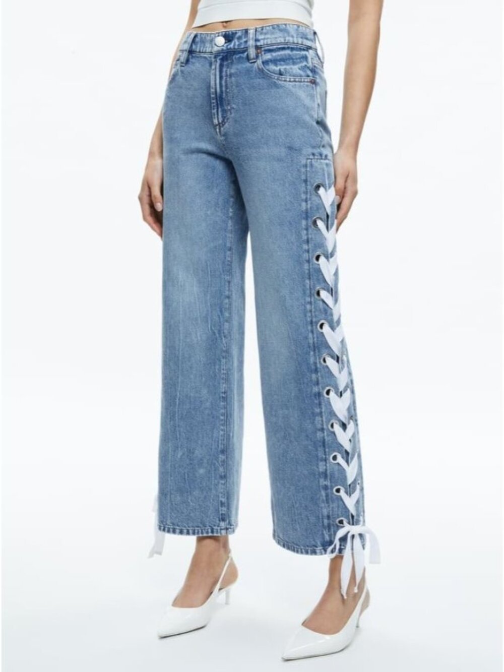 Alice + Olivia Reita Sullivan Vintage Blue Mid Rise 31 Jeans with Tie Side Seam